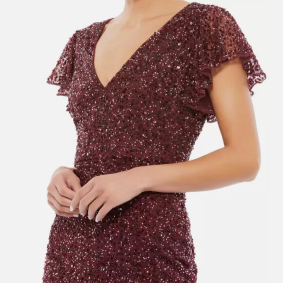 MAC DUGGAL 10801 SEQUINED FLUTTER V-NECK CAP SLEEVE TRUMPET BUGUNDY MIDI DRESS 6 - Picture 2 of 5